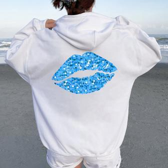 80S & 90S Kiss Mouth Lips Motif Vintage Blue Women Oversized Hoodie Back Print - Monsterry AU