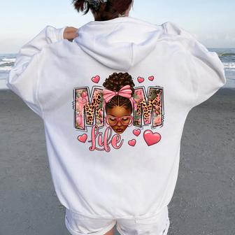 Afro Messy Bun Mom Life Pink Roses Black Mom Mother's Day Women Oversized Hoodie Back Print - Monsterry