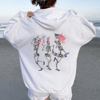 American Flag Dancing Skeleton 4Th Of July Skeleton Women Oversized Hoodie Back Print - Monsterry CA