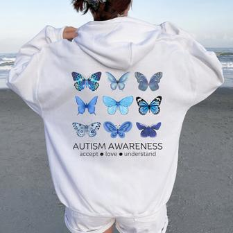 In April We Wear Blue Butterfly Autism Mental Health Women Oversized Hoodie Back Print | Mazezy CA