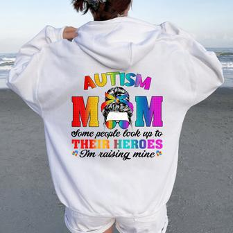 Autism Mom Raising Hero Groovy Messy Bun Autism Awareness Women Oversized Hoodie Back Print - Seseable