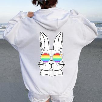 Bunny Gay Pride Lgbtq Bunny Rainbow Sunglasses Happy Easter Women Oversized Hoodie Back Print | Mazezy DE