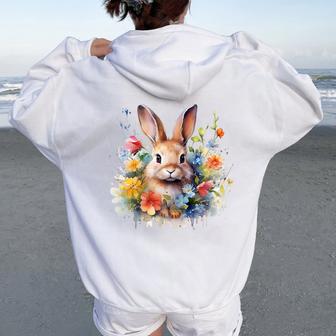 Bunny Rabbit Face Floral Watercolor Painting Love Bunnies Women Oversized Hoodie Back Print - Monsterry AU