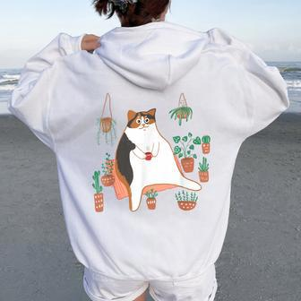 Calico Cat With Pot Plants Cat Lover For Mom Women Women Oversized Hoodie Back Print - Monsterry CA
