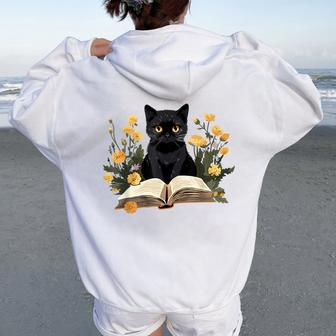Cat For Book Lover Cute Cat And Book Women Oversized Hoodie Back Print - Thegiftio UK