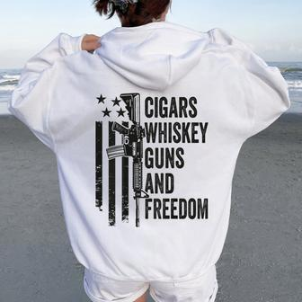 Cigars Whiskey Guns & Freedom Camo Gun Drinking- On Back Women Oversized Hoodie Back Print - Monsterry CA