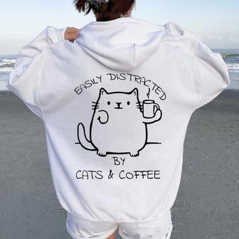 Coffee Cats Sayings Slogan Distracted Women Oversized Hoodie Back Print - Thegiftio UK