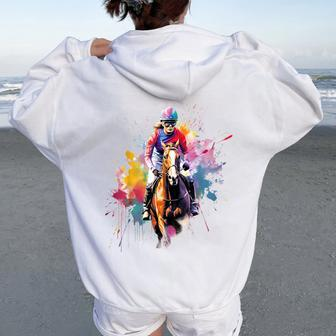 Colorful Jockey Girl On Horse Racing Women Oversized Hoodie Back Print | Mazezy