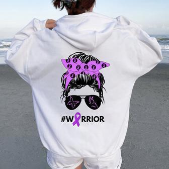 Crohn's Disease Warrior Awareness Purple Ribbon Messy Bun Women Oversized Hoodie Back Print - Thegiftio UK