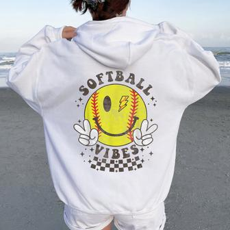Cute Smile Face Softball Vibes Boys Girls Softball Lovers Women Oversized Hoodie Back Print | Mazezy