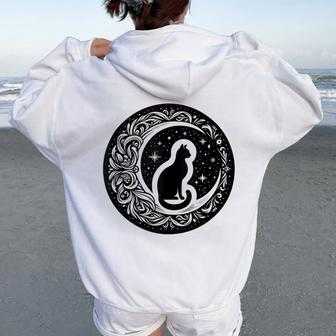 Drawing Cat Sitting On Crescent Moon Flowers Stars Women Women Oversized Hoodie Back Print - Monsterry CA