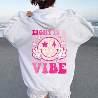 Eight Is A Vibe 8Th Birthday Groovy 8 Years Old Smile Face Women Oversized Hoodie Back Print - Seseable