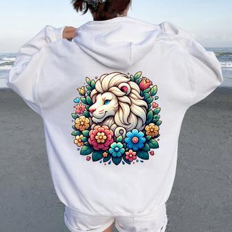 Floral Lion Head With Vintage Flowers Cartoon Animal Lover Women Oversized Hoodie Back Print - Monsterry AU