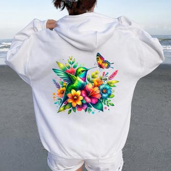 Floral Watercolor Hummingbird & Butterfly Women Oversized Hoodie Back Print - Seseable