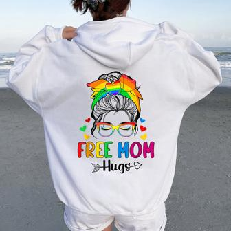 Free Mom Hugs Messy Bun Rainbow Gay Trans Pride Mother Day Women Oversized Hoodie Back Print - Seseable