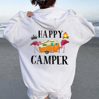 Happy Camper Flamingo Toddler Baby Girl Camping Women Oversized Hoodie Back Print - Seseable