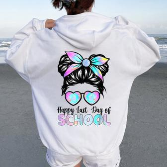 Happy Last Day Of School Teacher Girls Messy Bun Women Oversized Hoodie Back Print - Thegiftio UK