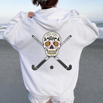 Girls High School Field Hockey Flower Sugar Skull Women Oversized Hoodie Back Print - Monsterry DE