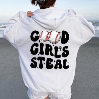Good Girls Steal Groovy Retro Baseball Woman Girl Softball Women Oversized Hoodie Back Print | Mazezy