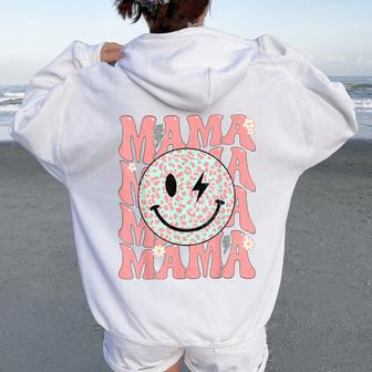 Groovy Mama Smile Face Leopard Bolt Lightning Retro Mom Life Women Oversized Hoodie Back Print | Mazezy