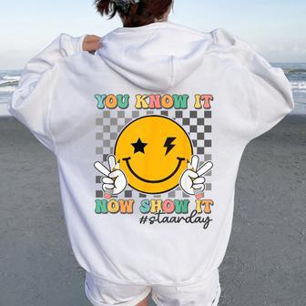Groovy Smile Testing Day Teacher You Know It Now Show It Women Oversized Hoodie Back Print - Seseable