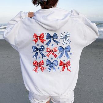 Happy 4Th Of July Patriotic Toddler Girl Boho Coquette Bows Women Oversized Hoodie Back Print - Thegiftio UK