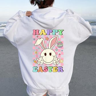 Happy Easter For Girls Groovy Hippie Face Bunny Women Oversized Hoodie Back Print - Monsterry UK