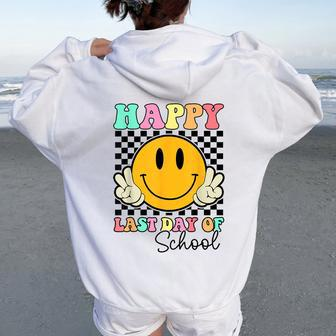 Happy Last Day Of School Groovy Smile Face Teacher Student Women Oversized Hoodie Back Print | Mazezy CA