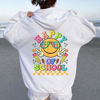 Happy Last Day Of School Groovy Smile Face Teacher Student Women Oversized Hoodie Back Print - Seseable