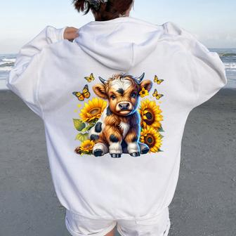 Highland Cow Sunflower Mother's Day Farmer Farming Women Oversized Hoodie Back Print - Monsterry AU