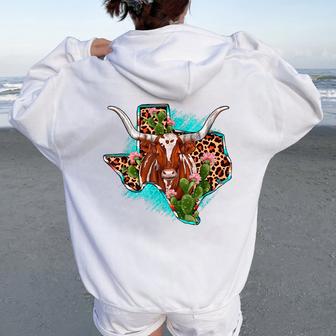 Leopard Cow Texas Map Longhorn Desert Cactus Western Country Women Oversized Hoodie Back Print - Thegiftio UK