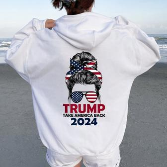 Messy Bun Support Trump 2024 Flag Take America Back Women Oversized Hoodie Back Print - Seseable