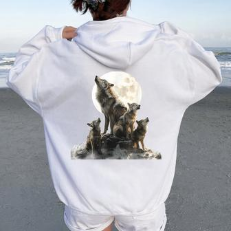 Mommy Wolf Howling At Moon Graphic Wolf Lovers Mother's Day Women Oversized Hoodie Back Print - Thegiftio UK