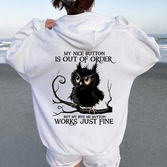 My Nice Button Is Out Of Order Owl Black Women Oversized Hoodie Back Print - Monsterry