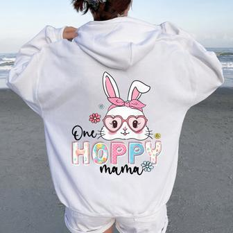 One Hoppy Mama Bunny Groovy Bunny Mom Mommy Happy Easter Day Women Oversized Hoodie Back Print - Monsterry