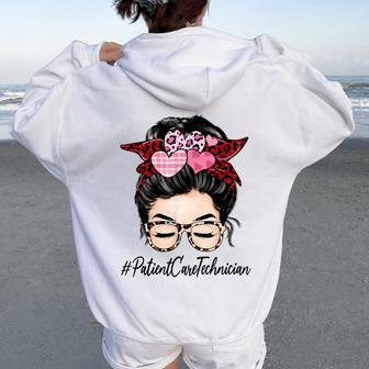 Patient Care Technician Valentines Day Cute Messy Bun Women Oversized Hoodie Back Print | Mazezy