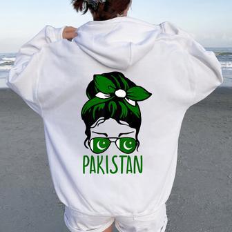 Patriotic Pakistani Cute Messy Bun Girl Mom Pakistan Flag Women Oversized Hoodie Back Print - Thegiftio UK