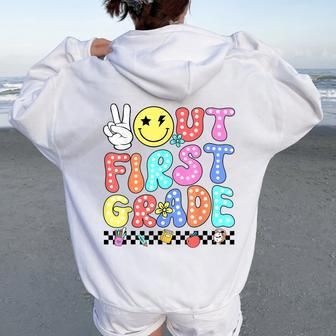 Peace Out First Grade Cute Groovy Last Day Of 1St Grade Women Oversized Hoodie Back Print - Seseable