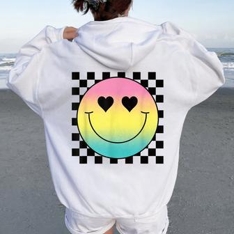 Rainbow Smile Face Cute Checkered Smiling Happy Face Women Oversized Hoodie Back Print - Seseable