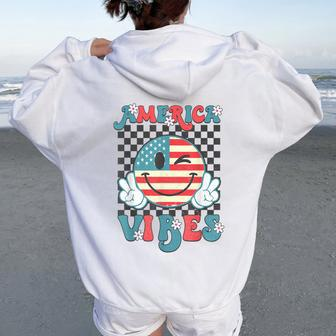 Retro 4Th Of July America Vibes Smile Checkered Girls Women Oversized Hoodie Back Print - Seseable