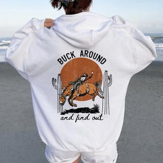 Retro Cowboy Bucking Horse Buck Around And Find Out Western Women Oversized Hoodie Back Print - Monsterry UK