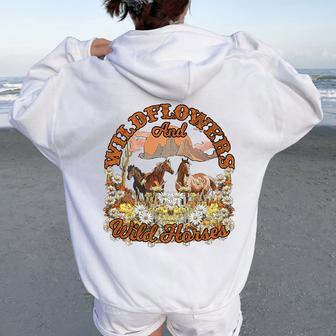 Retro Floral Desert Wildflowers Wild Horses Western Country Women Oversized Hoodie Back Print | Mazezy