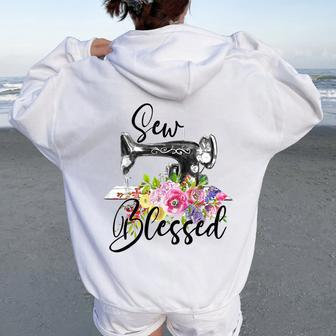 Retro Floral Sewing Machine Sew Blessed Quilting Lovers Women Oversized Hoodie Back Print - Seseable