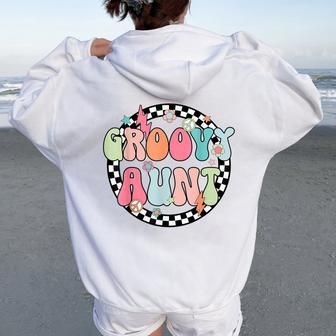 Retro Groovy Aunt Family Matching Birthday Party Checkered Women Oversized Hoodie Back Print - Monsterry