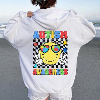 Retro Groovy Autism Awareness Hippie Smile Face Boy Girl Kid Women Oversized Hoodie Back Print | Mazezy