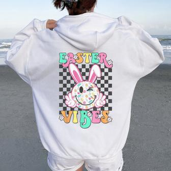 Retro Groovy Easter Vibes Bunny Checkered Smile Girls Women Oversized Hoodie Back Print - Monsterry