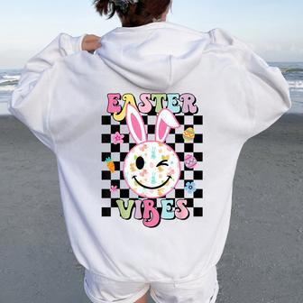 Retro Groovy Easter Vibes Bunny Rabbit Smile Face Women Oversized Hoodie Back Print | Mazezy