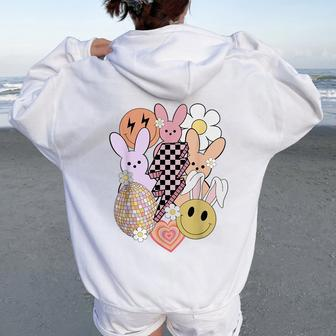 Retro Groovy Easter Vibes Smile Face Rabbit Bunny Girl Women Oversized Hoodie Back Print | Mazezy