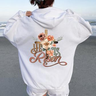 Retro Groovy He Is Risen Floral Jesus Easter Day Christians Women Oversized Hoodie Back Print - Seseable