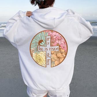 Retro Groovy He Is Risen Jesus Religious Easter Christians Women Oversized Hoodie Back Print - Thegiftio UK